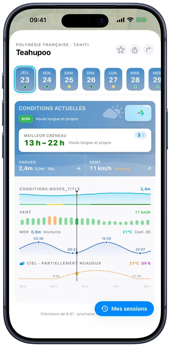 SurfMap sur iPhone : les prévisions d'un spot heure par heure, avec les vagues, le vent et la marée