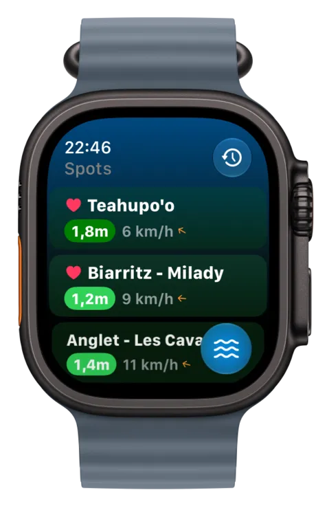Apple Watch affichant vos spots de surf avec les conditions actuelles