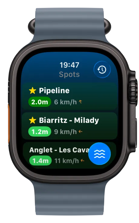Apple Watch showing your surf spots with current conditions