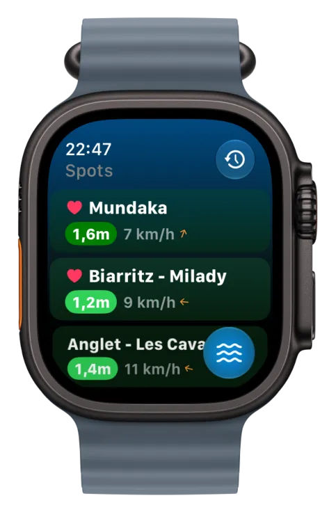 Apple Watch mostrando tus spots de surf con las condiciones actuales