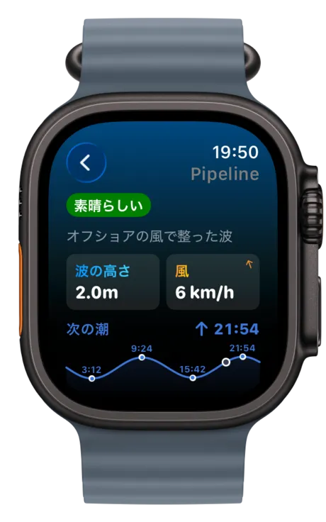 潮汐カーブとスポットのコンディションを表示するApple Watch
