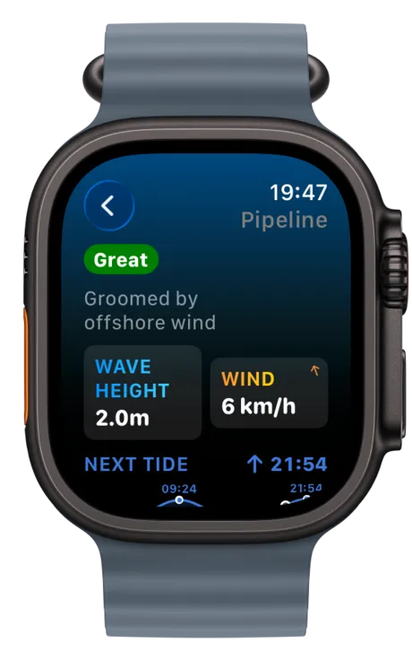 Apple Watch showing spot conditions with the tide curve