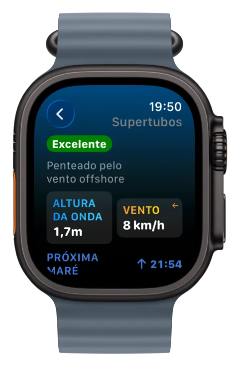 Apple Watch a mostrar as condições do spot com a curva da maré