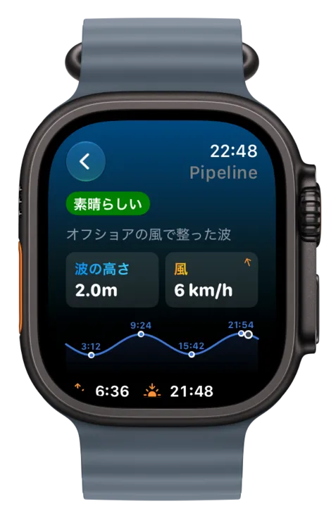 潮汐カーブとスポットのコンディションを表示するApple Watch