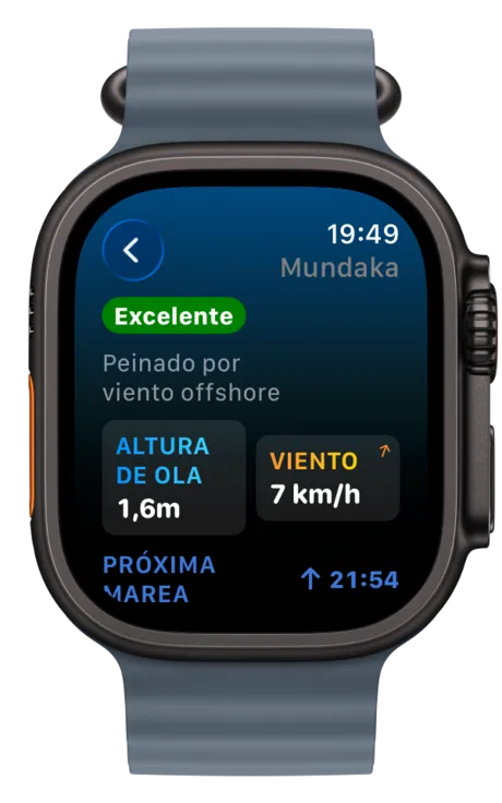 Apple Watch mostrando las condiciones del spot con la curva de marea