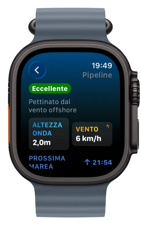 Apple Watch che mostra le condizioni dello spot con la curva di marea