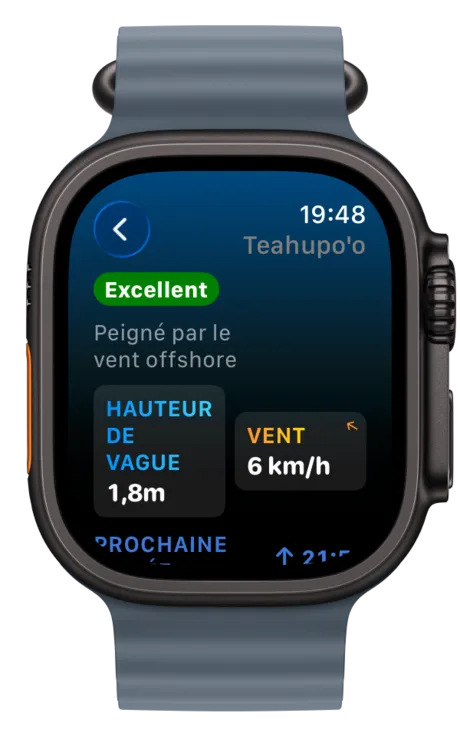 Apple Watch affichant les conditions du spot avec la courbe de marée