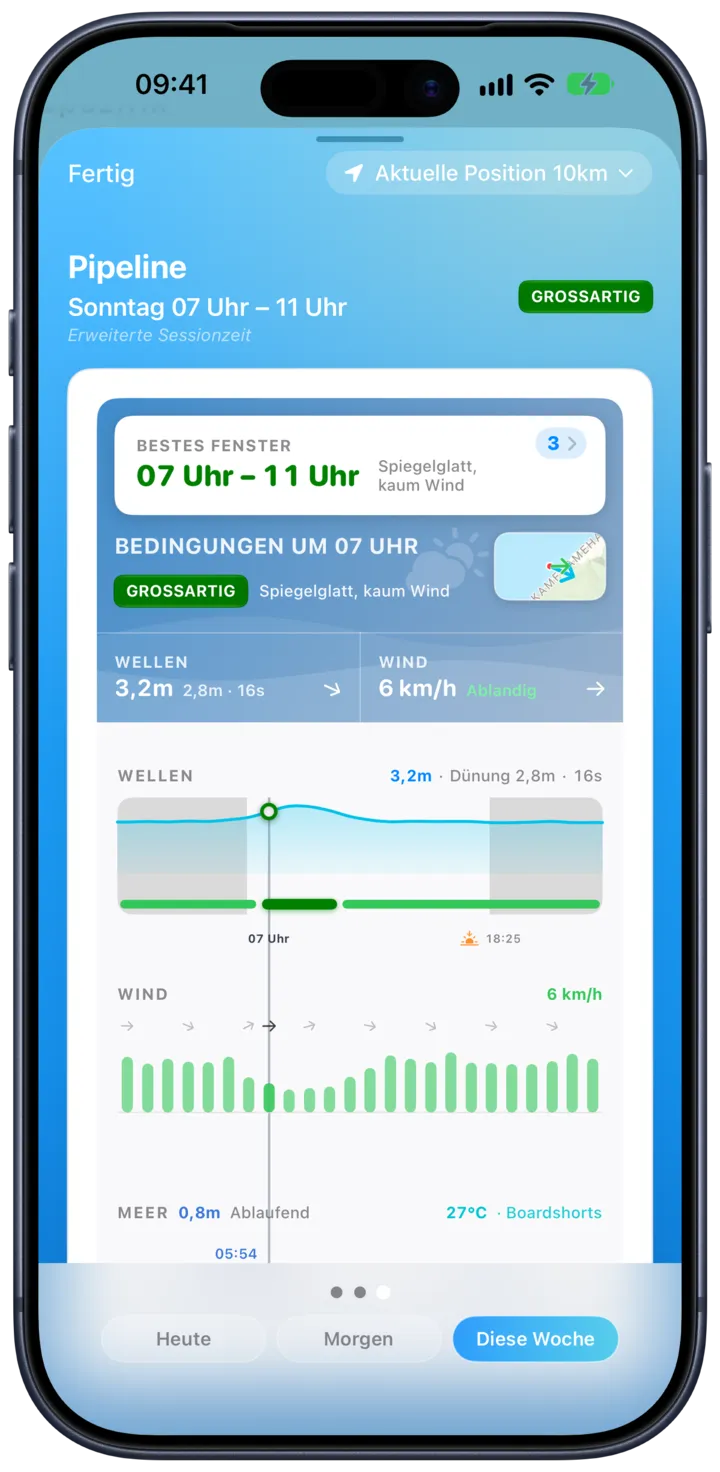 SurfMap-Wochenansicht, die den besten Tag und die beste Uhrzeit zum Surfen markiert