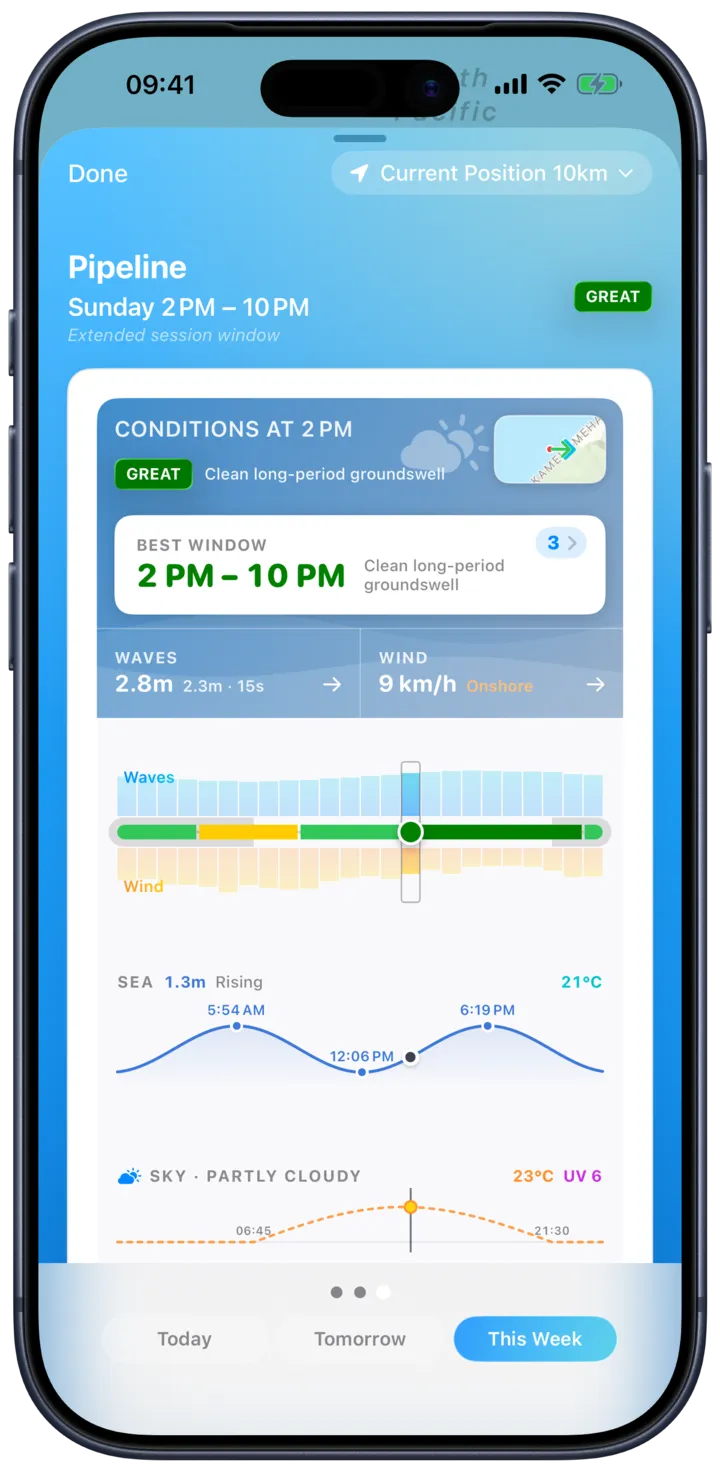 SurfMap weekly view highlighting the best day and time to surf