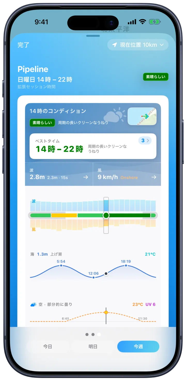 サーフィンに最適な日と時間をハイライトするSurfMapの週間ビュー