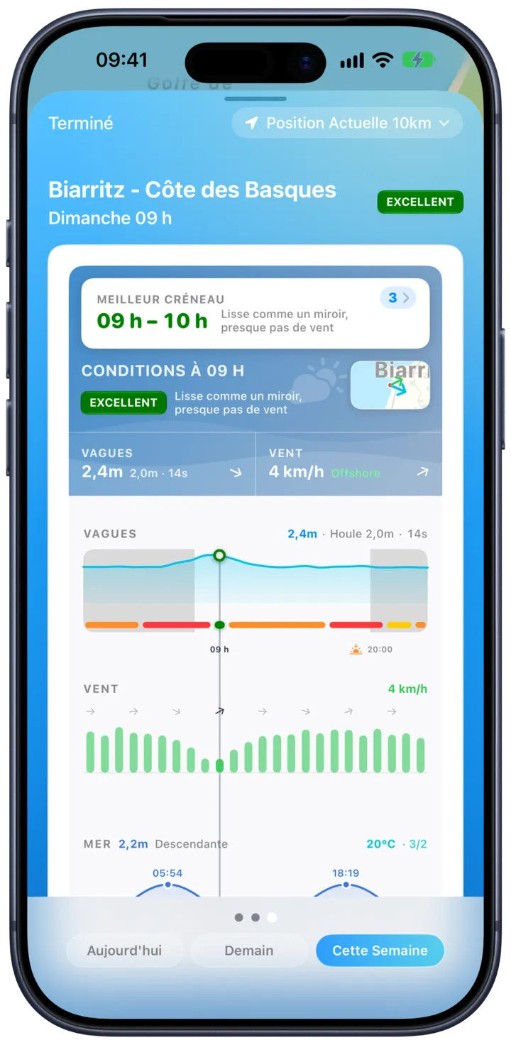 La vue semaine de SurfMap qui met en avant le meilleur jour et la meilleure heure pour surfer