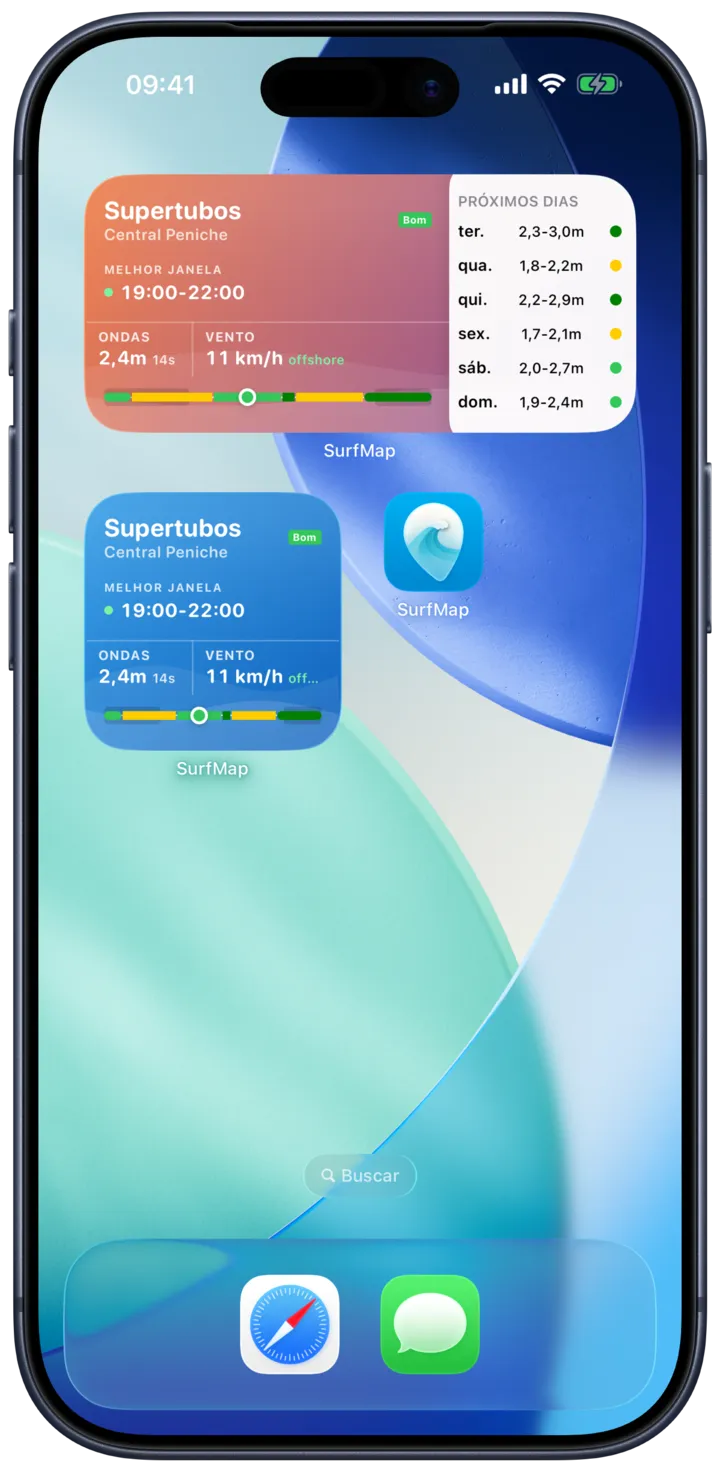 Widgets do SurfMap no ecrã principal com as condições do teu spot favorito