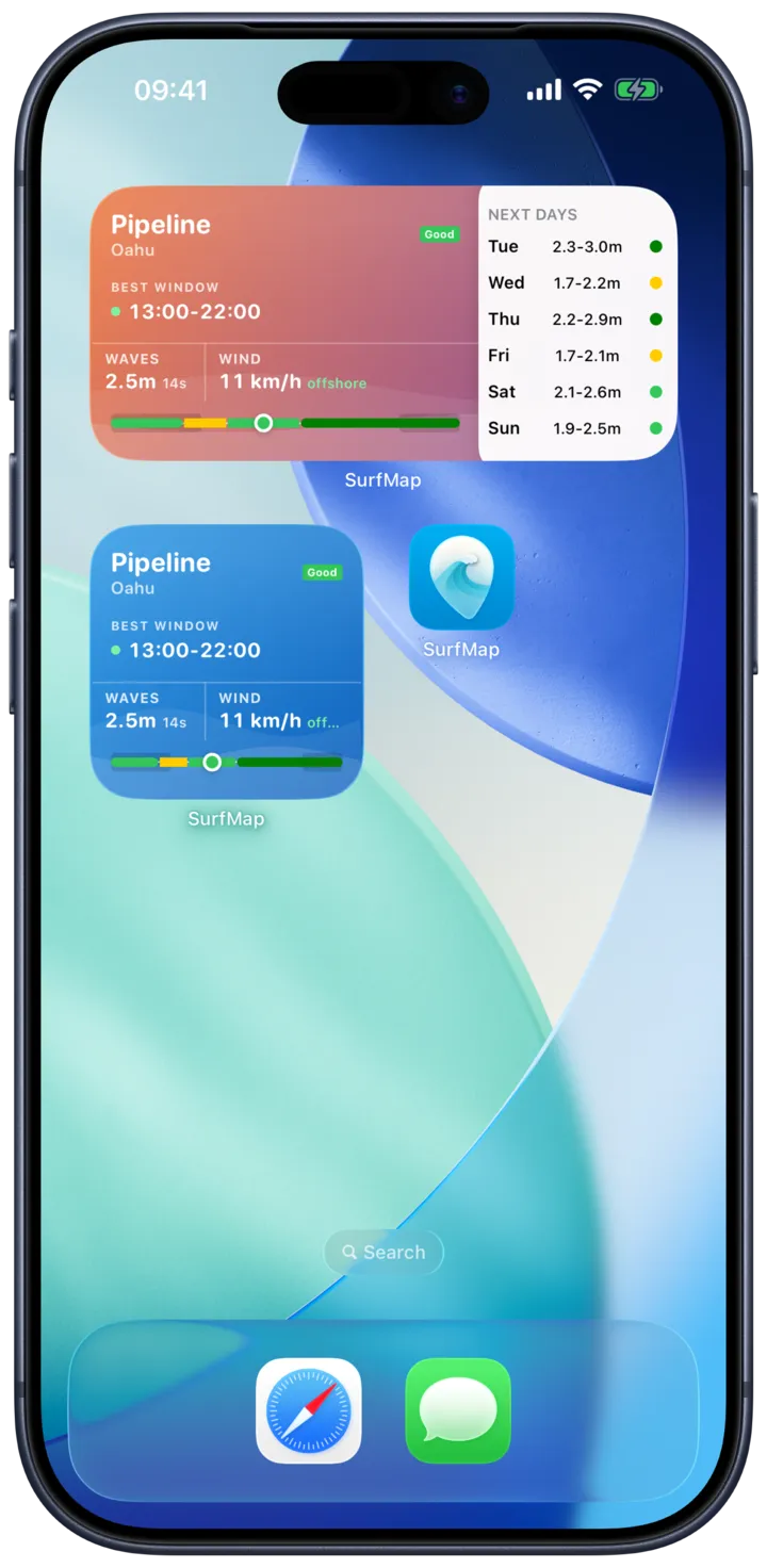 SurfMap Home Screen widgets showing conditions for your favorite spot