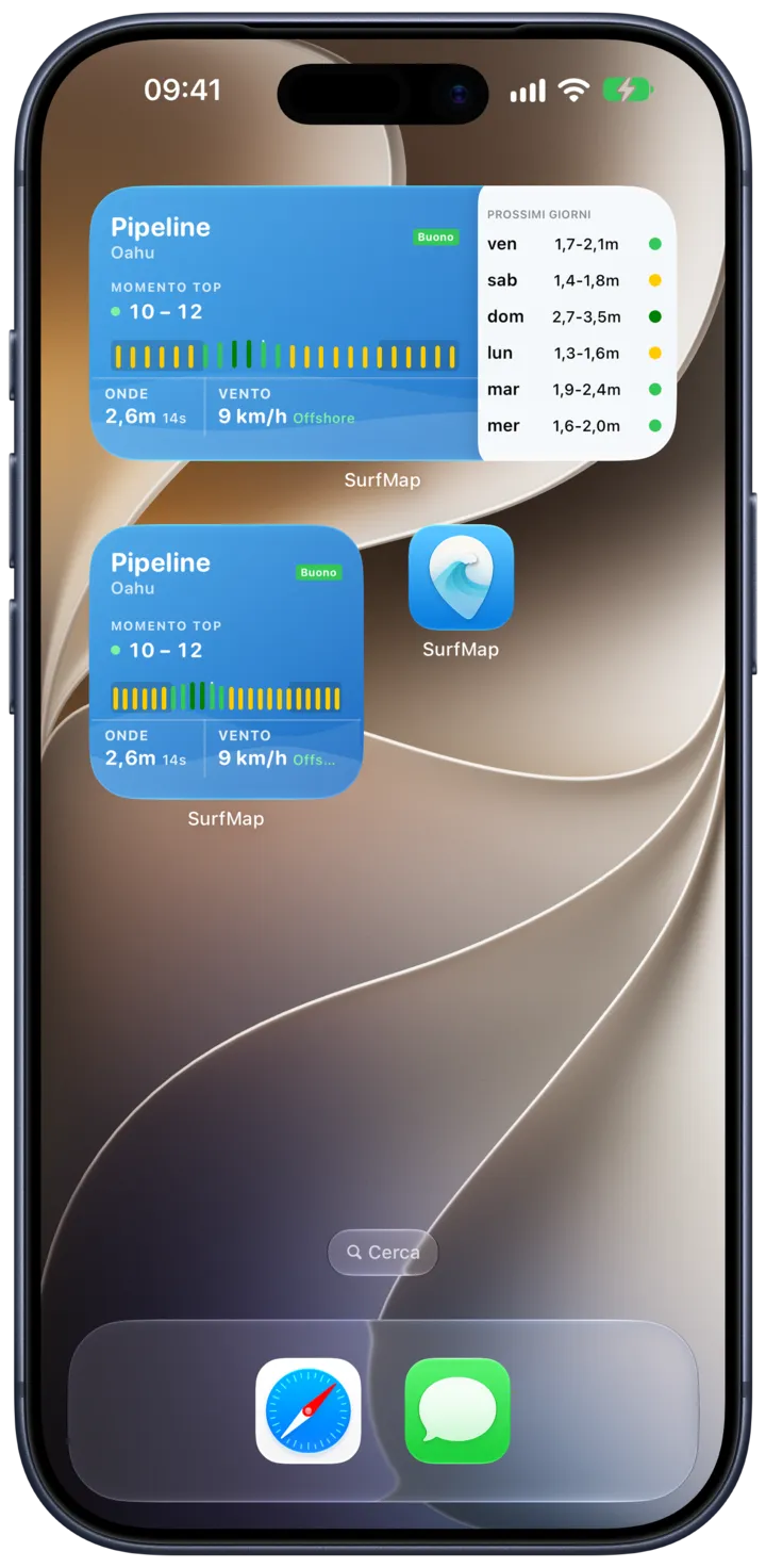 Widget di SurfMap nella schermata Home con le condizioni del tuo spot preferito