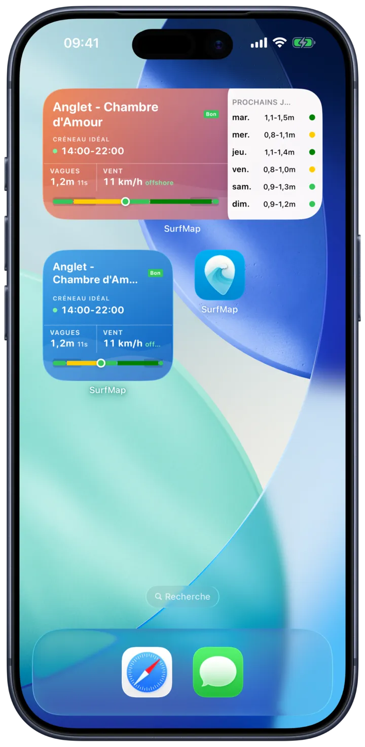 Widgets SurfMap sur l'écran d'accueil avec les conditions de votre spot favori
