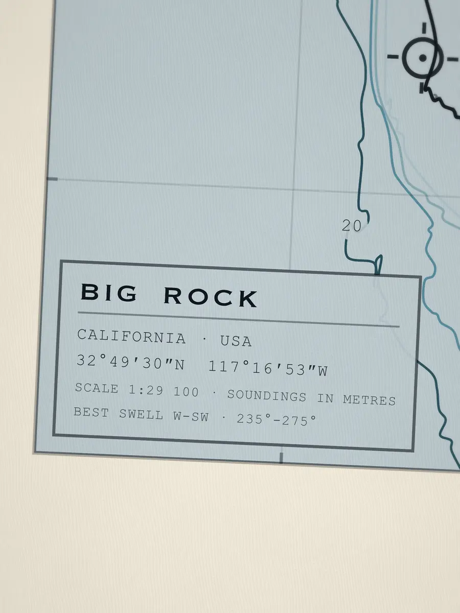 Close-up of the Big Rock title block: coordinates, scale and best swell