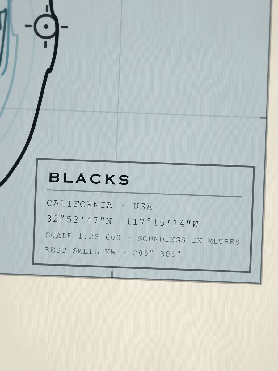 Close-up of the Blacks title block: coordinates, scale and best swell