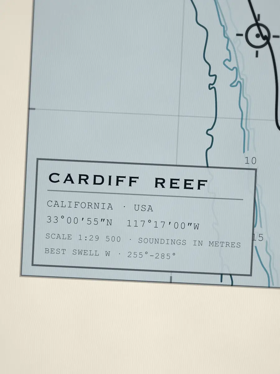 Close-up of the Cardiff Reef title block: coordinates, scale and best swell