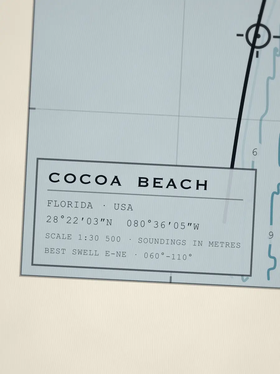 Close-up of the Cocoa Beach title block: coordinates, scale and best swell
