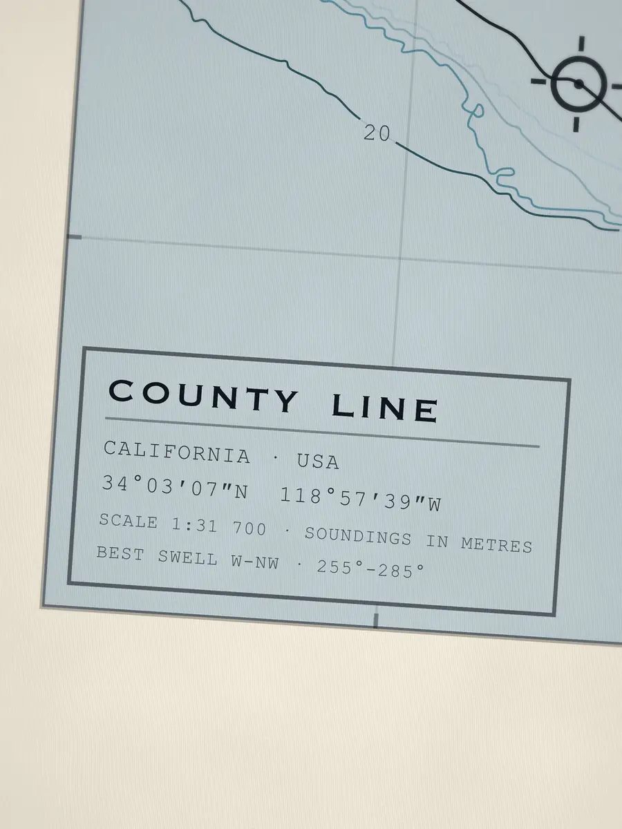 Close-up of the County Line title block: coordinates, scale and best swell