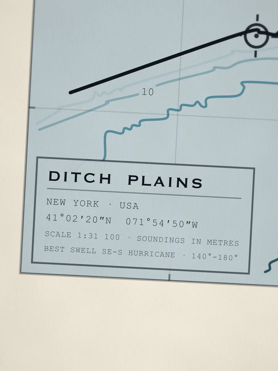 Close-up of the Ditch Plains title block: coordinates, scale and best swell