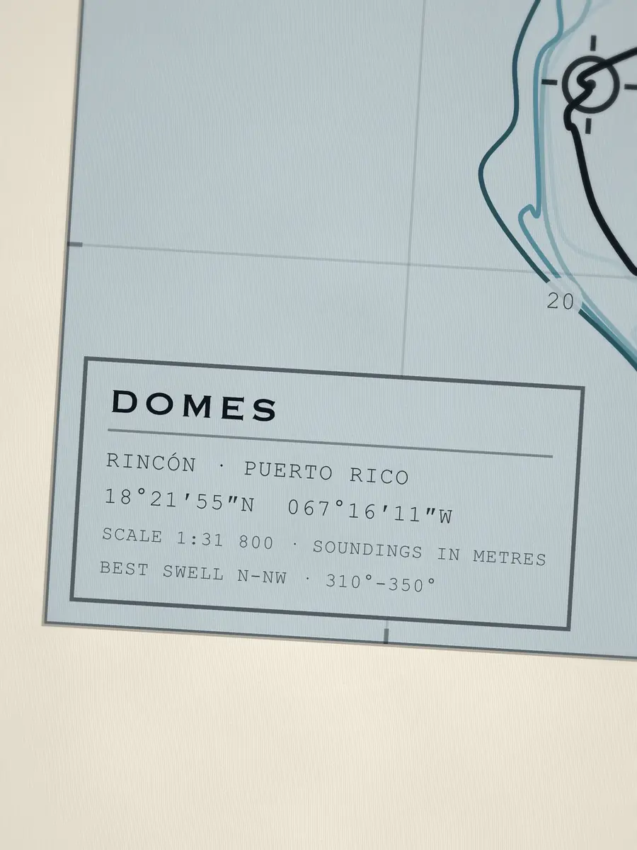 Close-up of the Domes title block: coordinates, scale and best swell