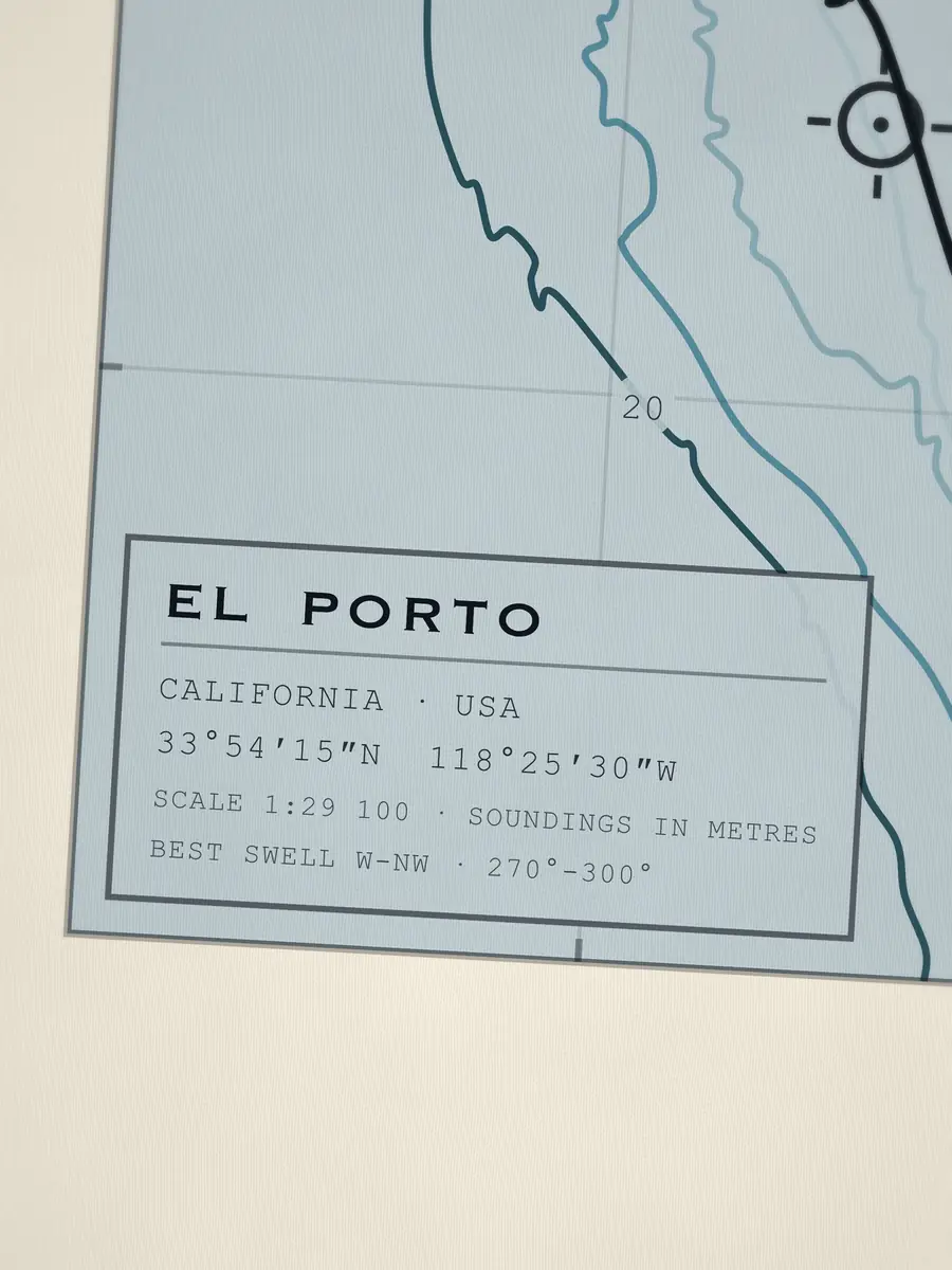Close-up of the El Porto title block: coordinates, scale and best swell