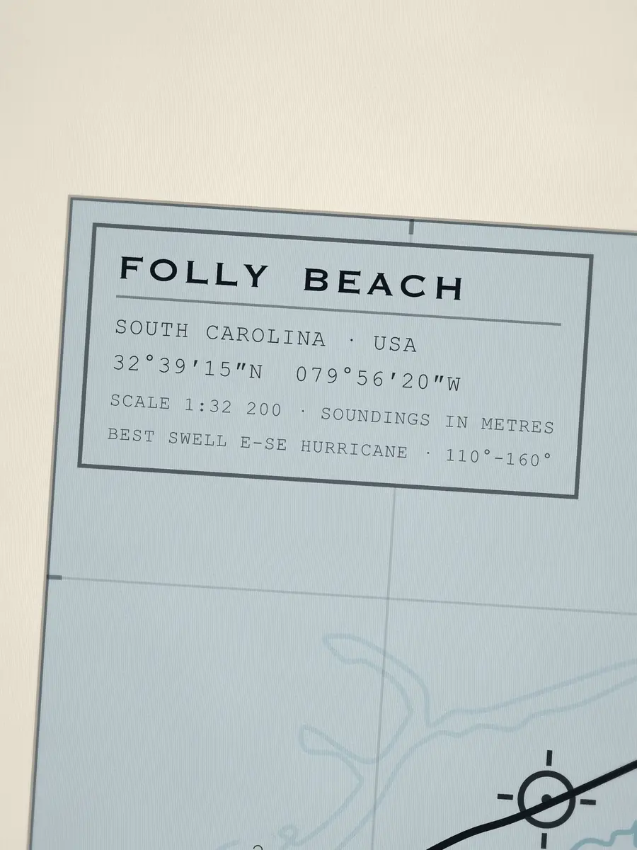 Close-up of the Folly Beach title block: coordinates, scale and best swell