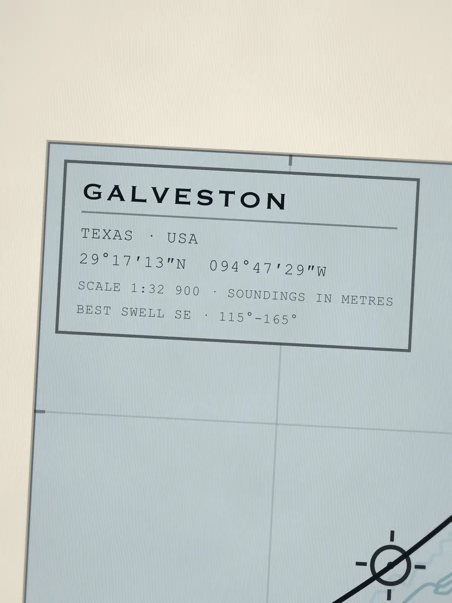 Close-up of the Galveston title block: coordinates, scale and best swell