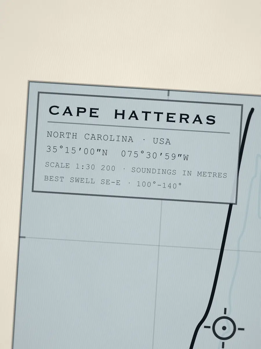 Close-up of the Cape Hatteras title block: coordinates, scale and best swell