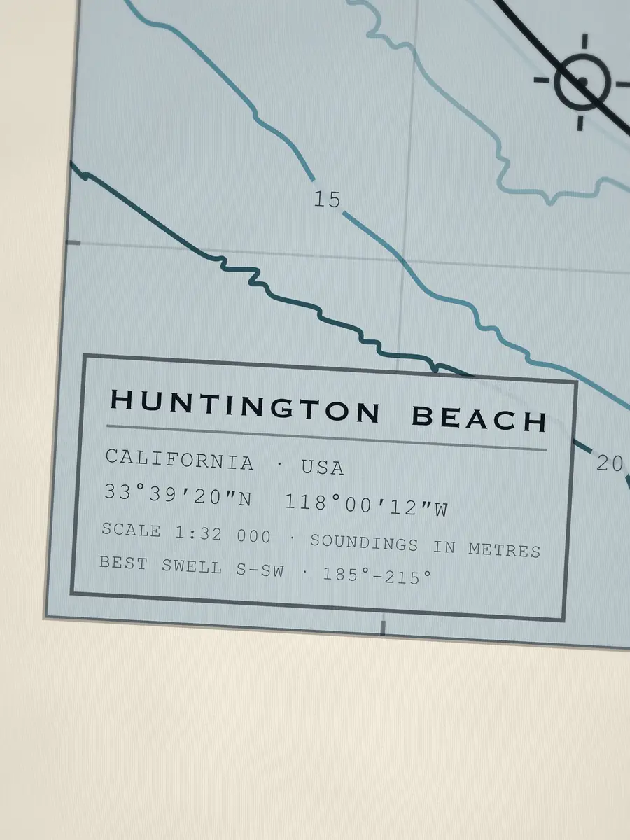Close-up of the Huntington Beach title block: coordinates, scale and best swell