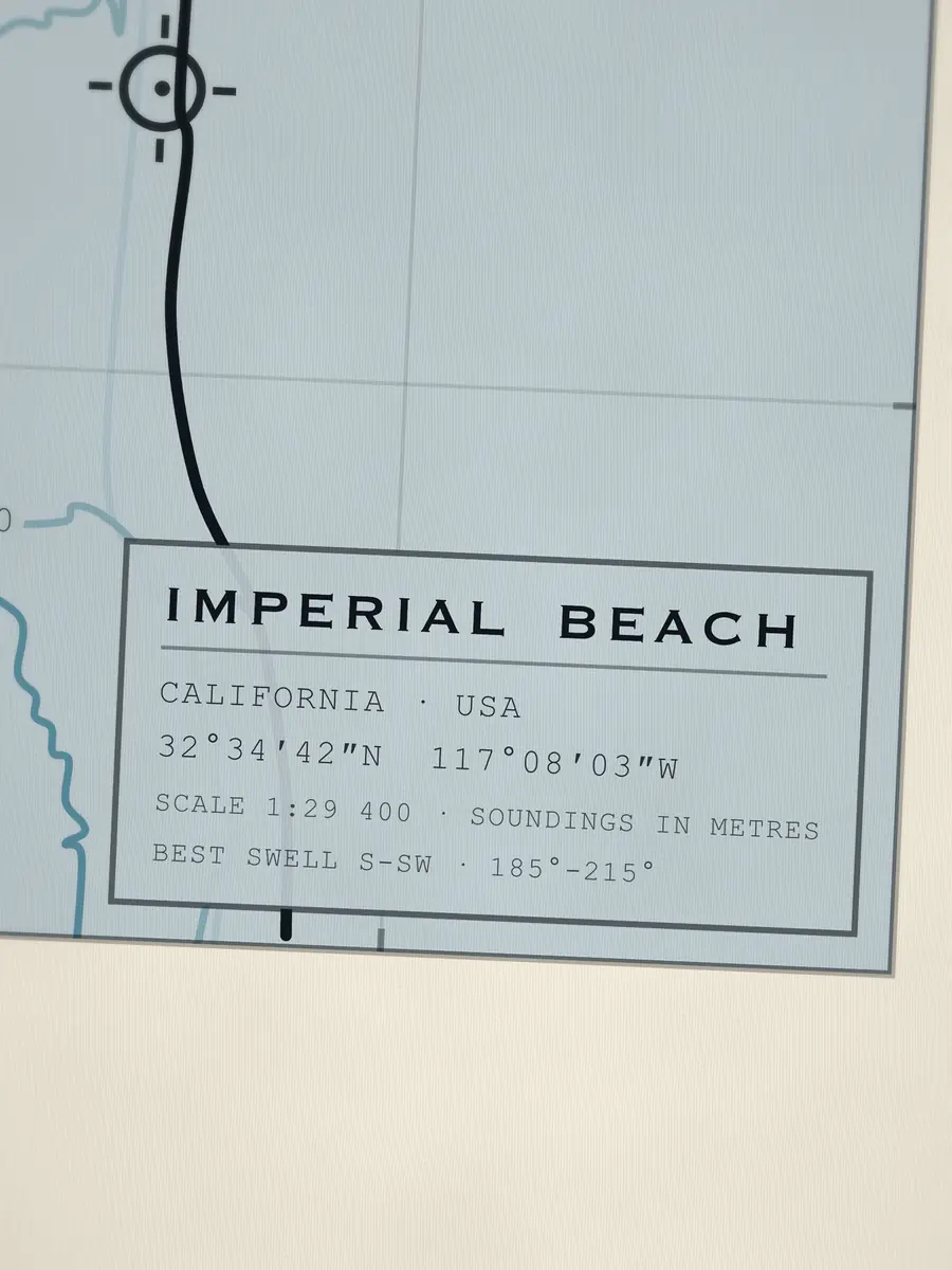 Close-up of the Imperial Beach title block: coordinates, scale and best swell