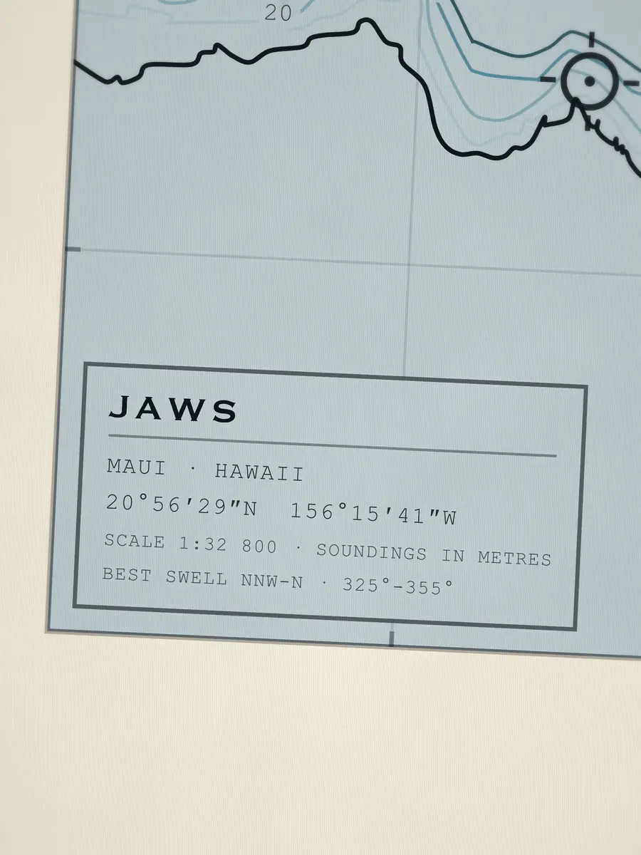 Close-up of the Jaws title block: coordinates, scale and best swell