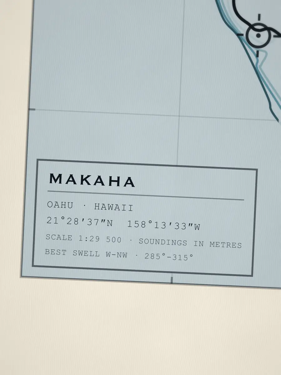 Close-up of the Makaha title block: coordinates, scale and best swell