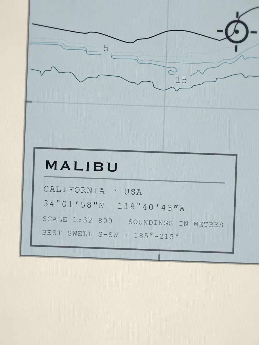 Close-up of the Malibu title block: coordinates, scale and best swell