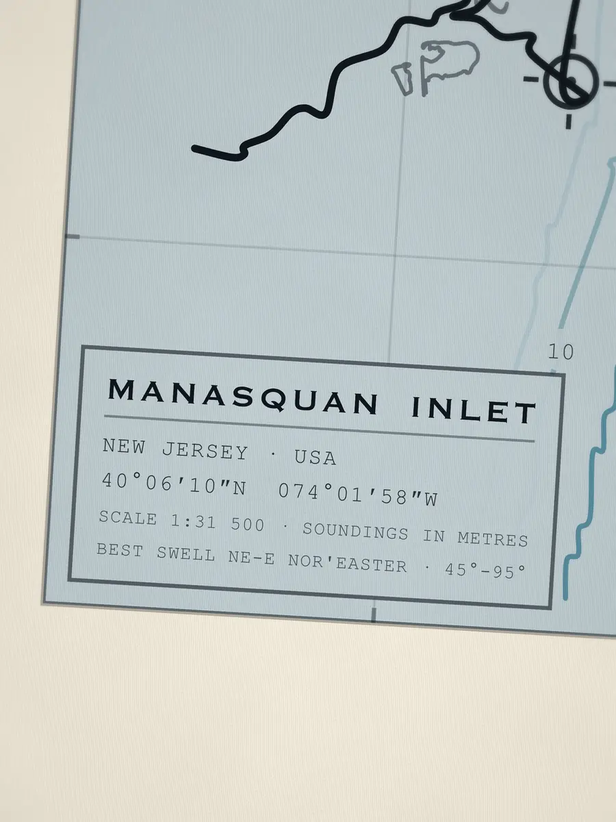 Close-up of the Manasquan Inlet title block: coordinates, scale and best swell