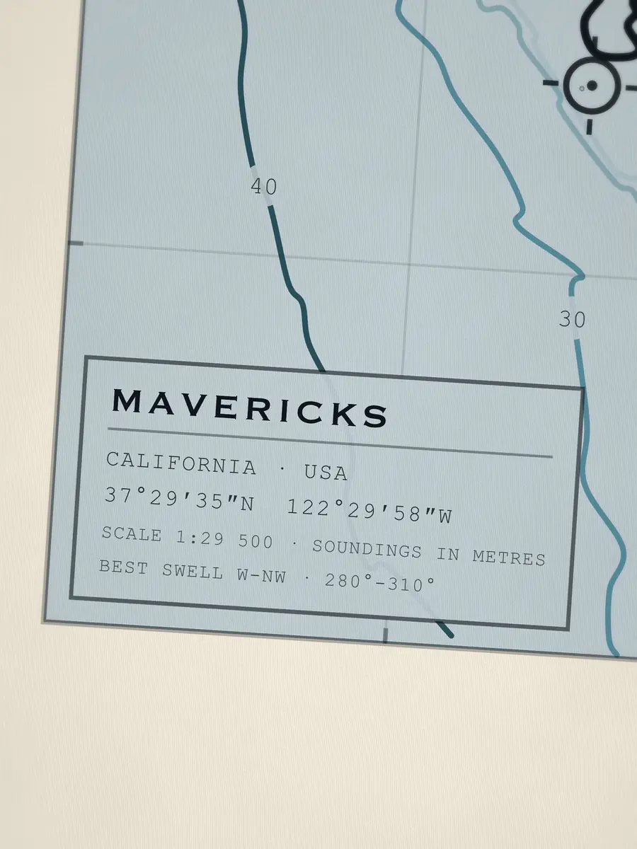 Close-up of the Mavericks title block: coordinates, scale and best swell