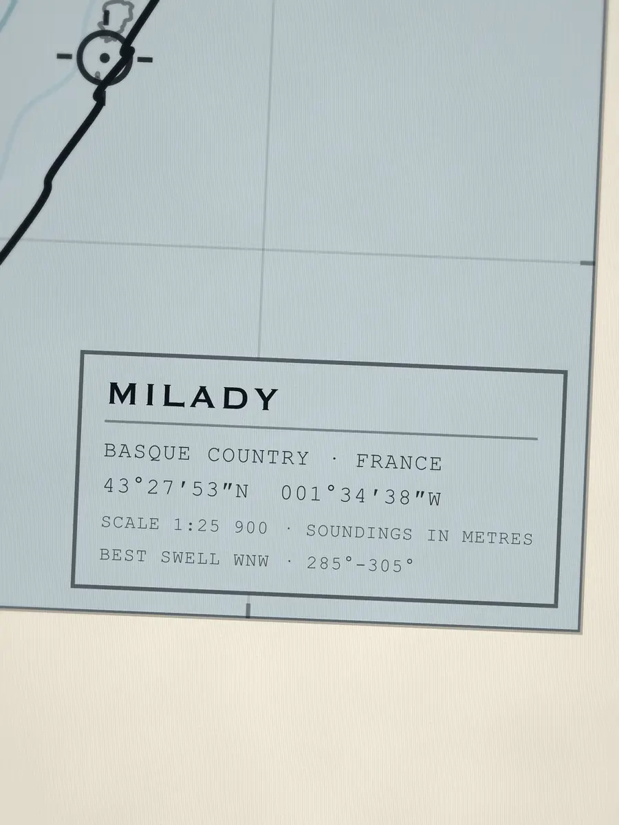 Close-up of the Milady title block: coordinates, scale and best swell