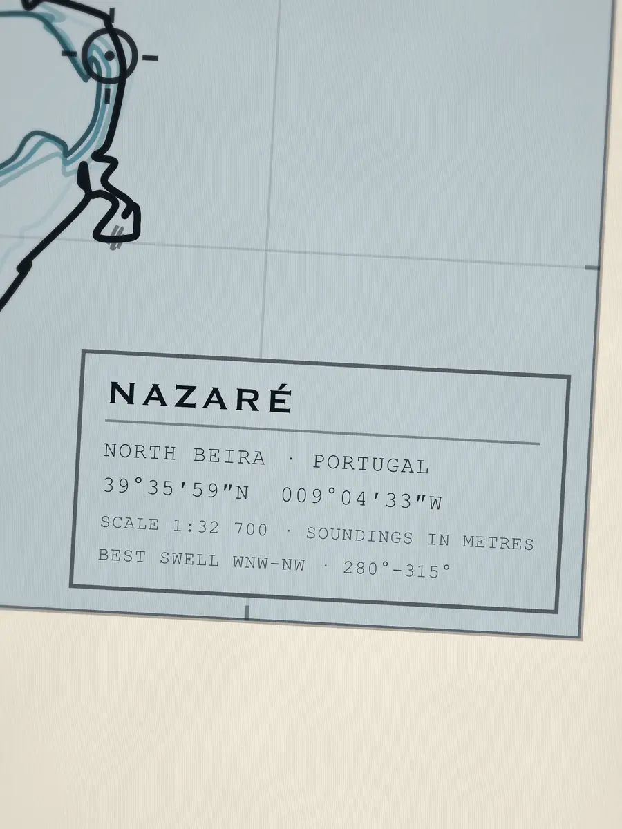 Close-up of the Nazaré title block: coordinates, scale and best swell