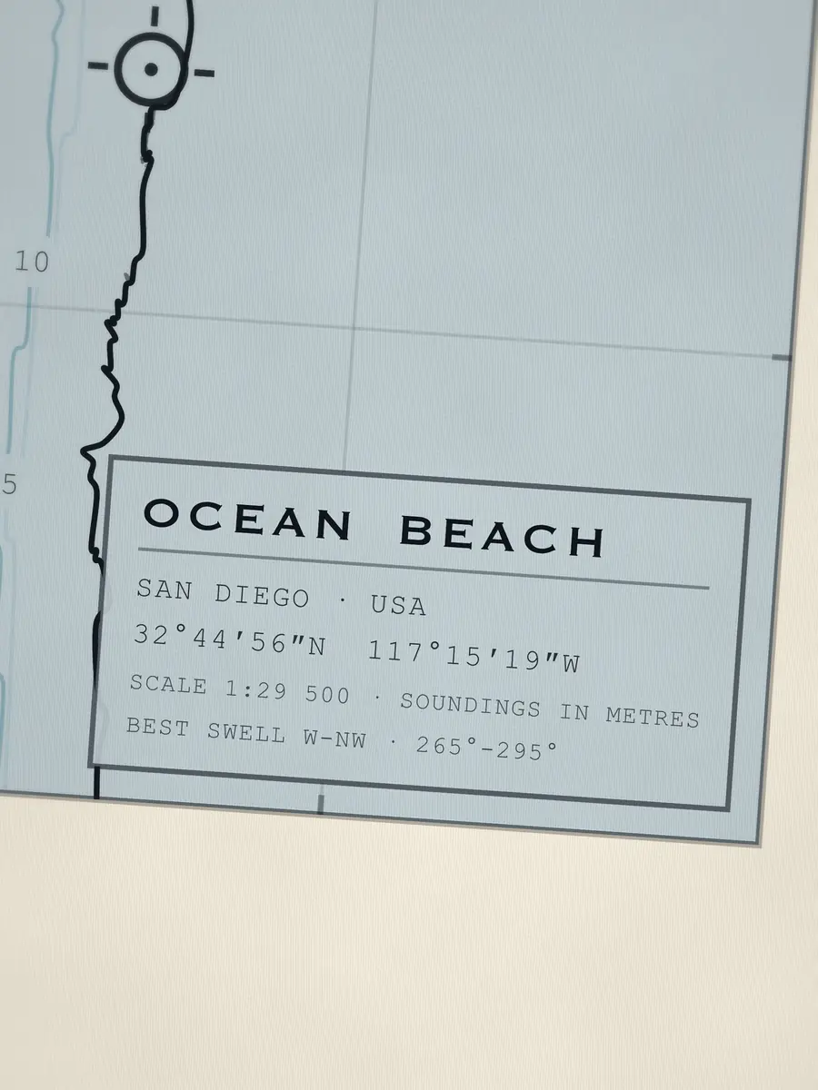 Close-up of the Ocean Beach title block: coordinates, scale and best swell