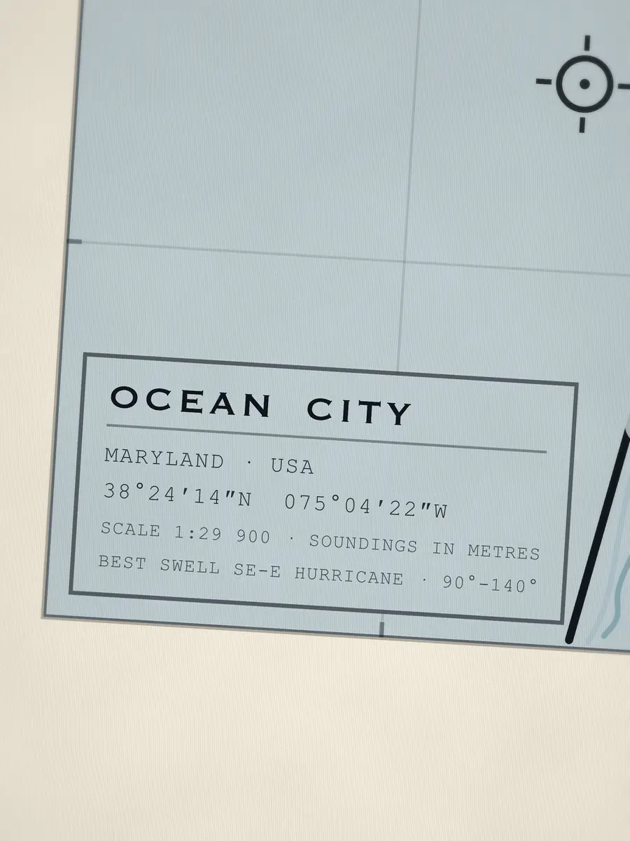Nahaufnahme des Titelblocks von Ocean City: Koordinaten, Maßstab und bester Swell