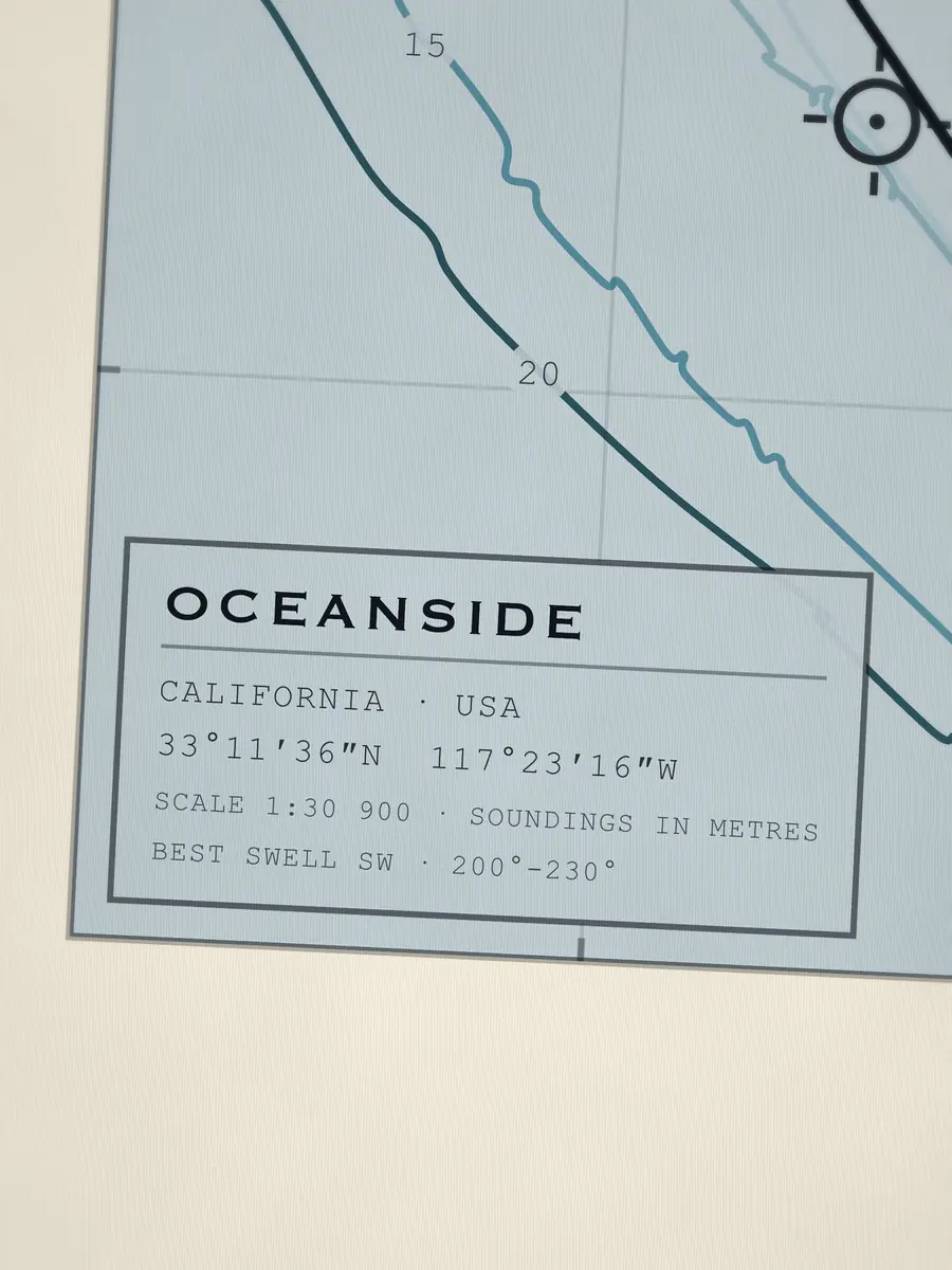 Close-up of the Oceanside title block: coordinates, scale and best swell
