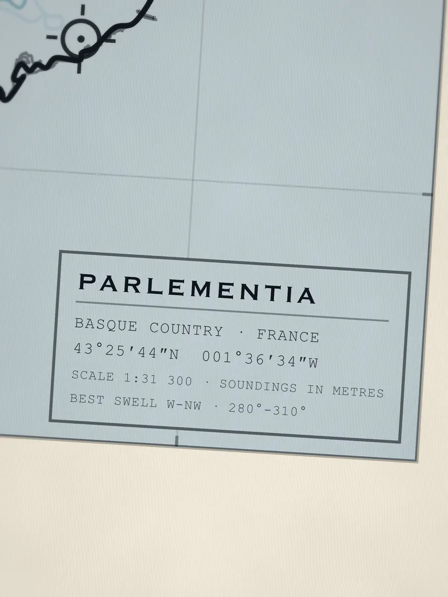 Close-up of the Parlementia title block: coordinates, scale and best swell