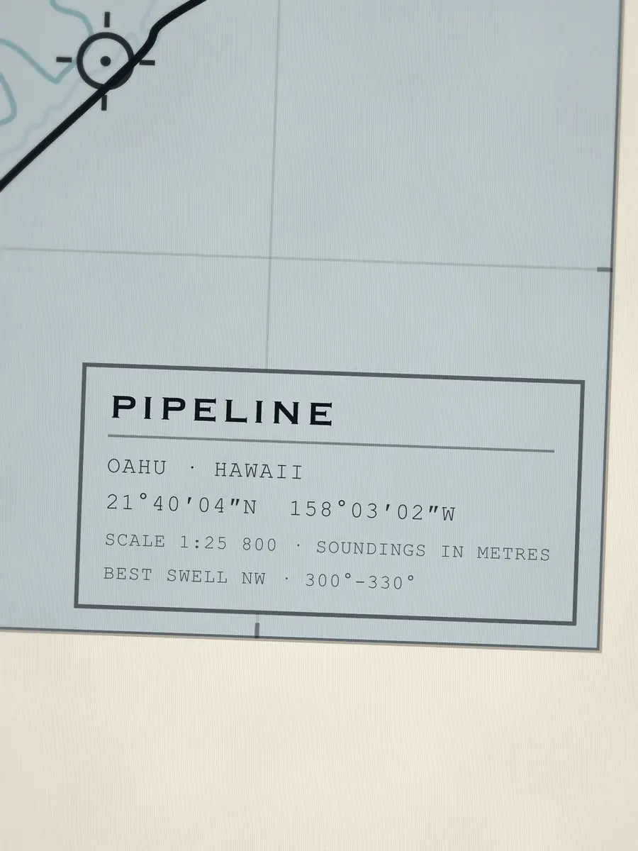 Close-up of the Pipeline title block: coordinates, scale and best swell