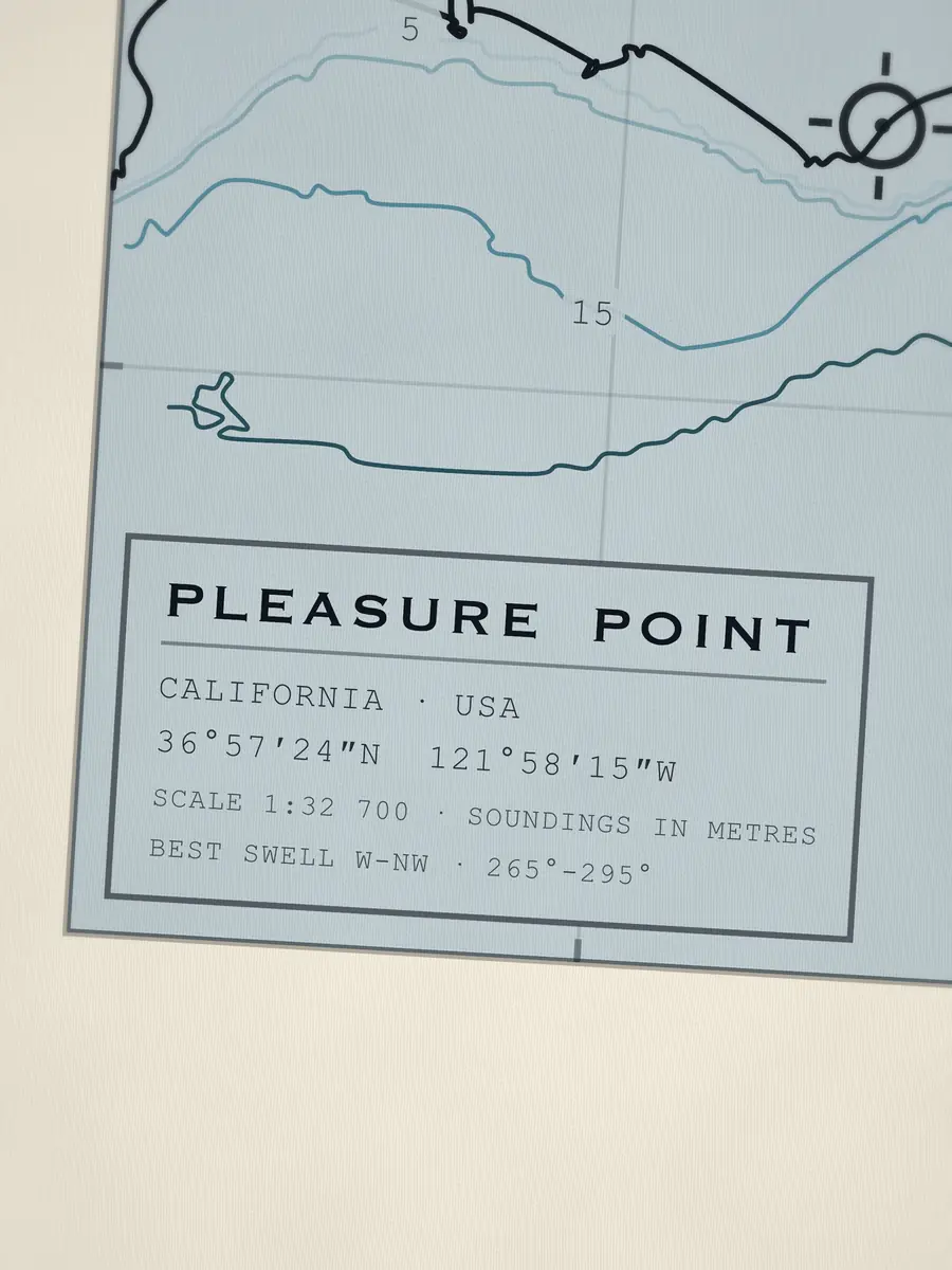 Close-up of the Pleasure Point title block: coordinates, scale and best swell