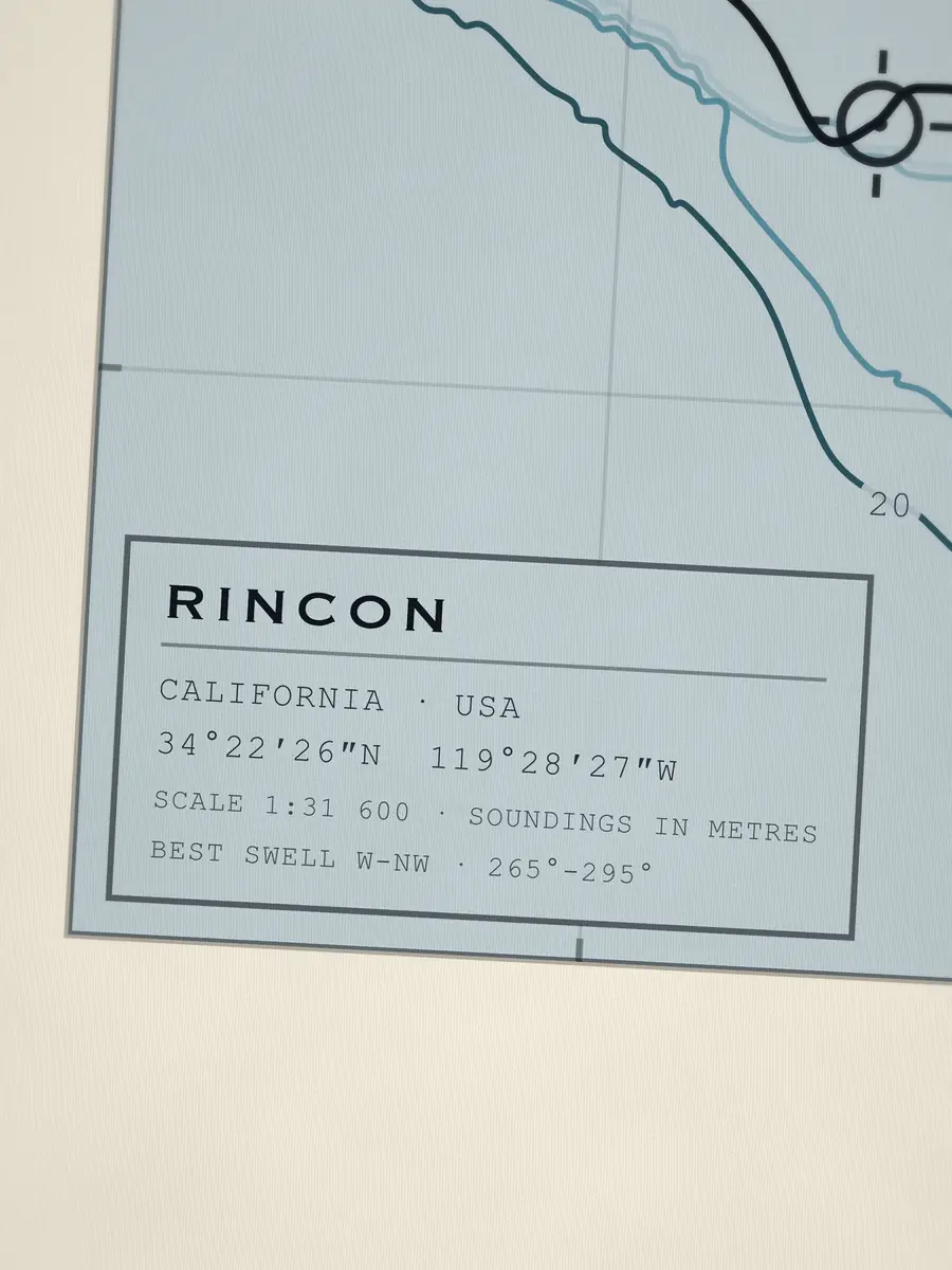 Close-up of the Rincon title block: coordinates, scale and best swell