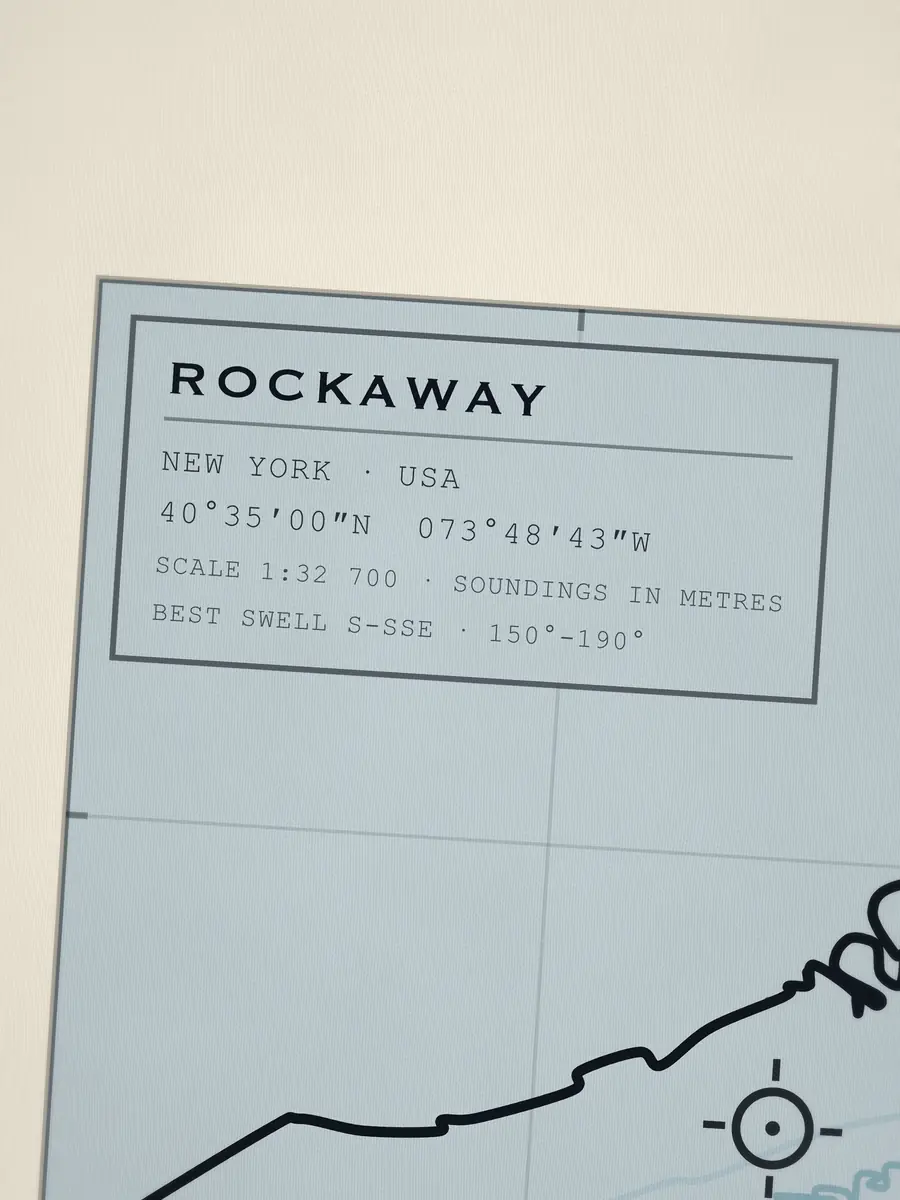 Close-up of the Rockaway title block: coordinates, scale and best swell