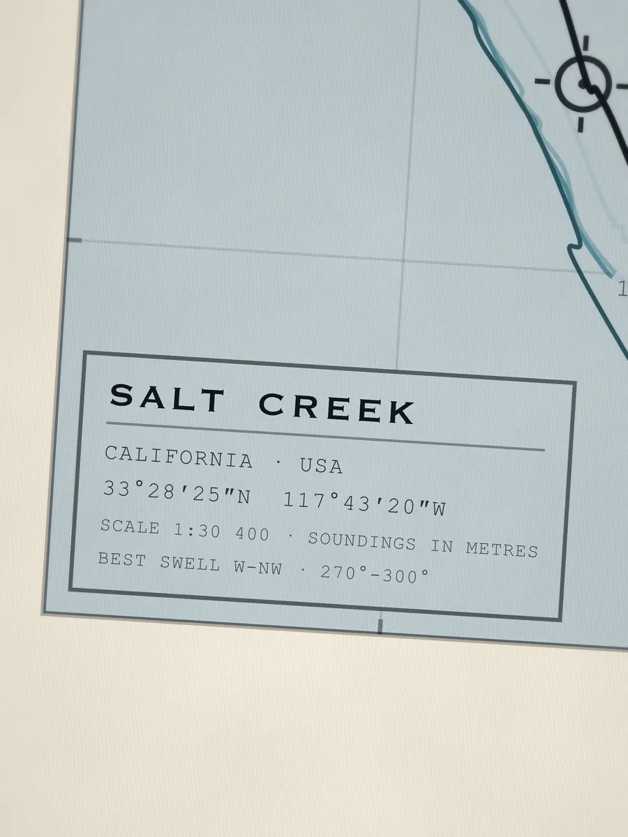 Primer plano del cartucho de Salt Creek: coordenadas, escala y mejor swell