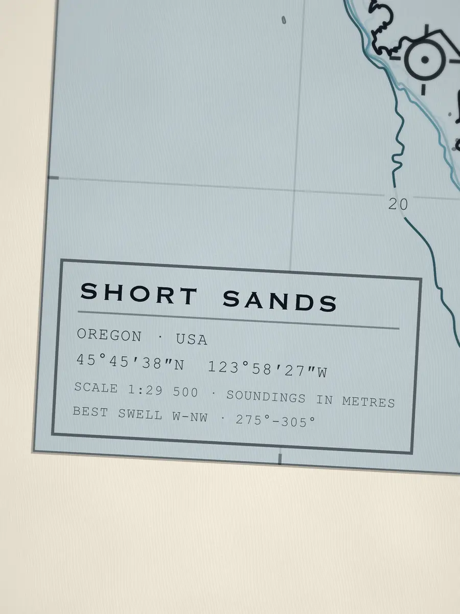 Close-up of the Short Sands title block: coordinates, scale and best swell