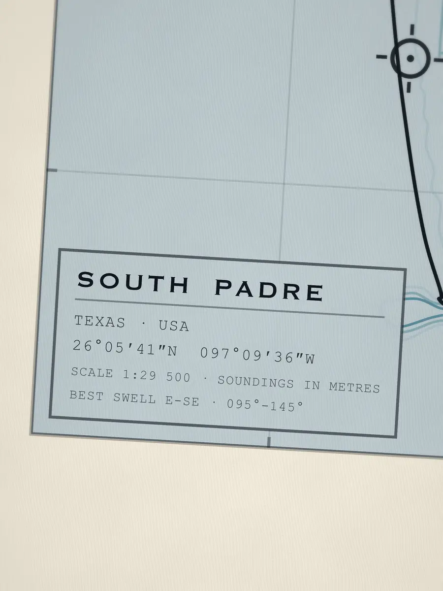 Close-up of the South Padre title block: coordinates, scale and best swell